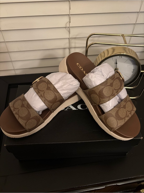 Coach Shoes - Coach Brown and Beige Signature Double-Strap Slides